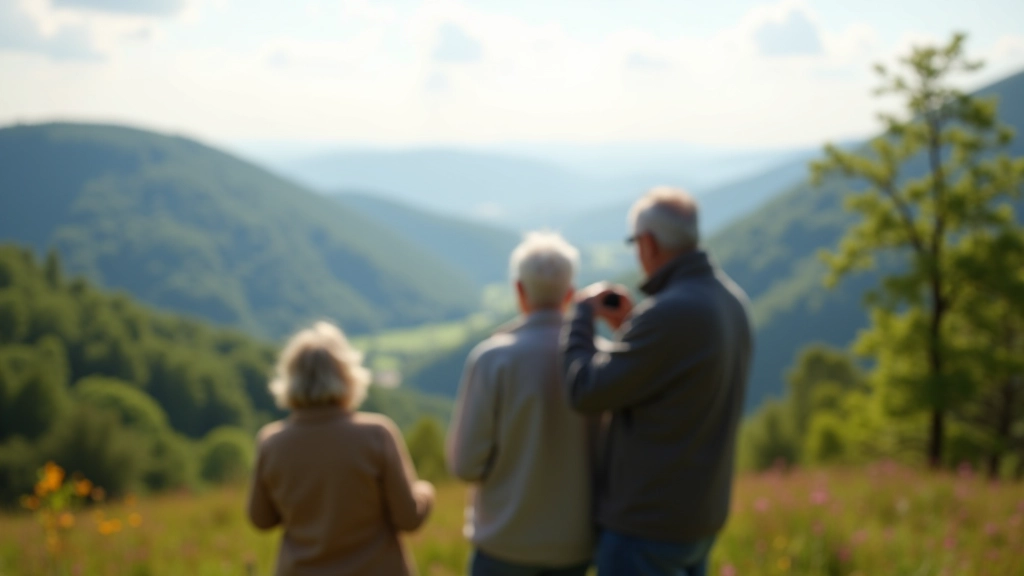 Divi seniori stāv pie Braslas ielejas skatu platumas, fotogrāfējot ainavu ar skaņām un mierus no dabas